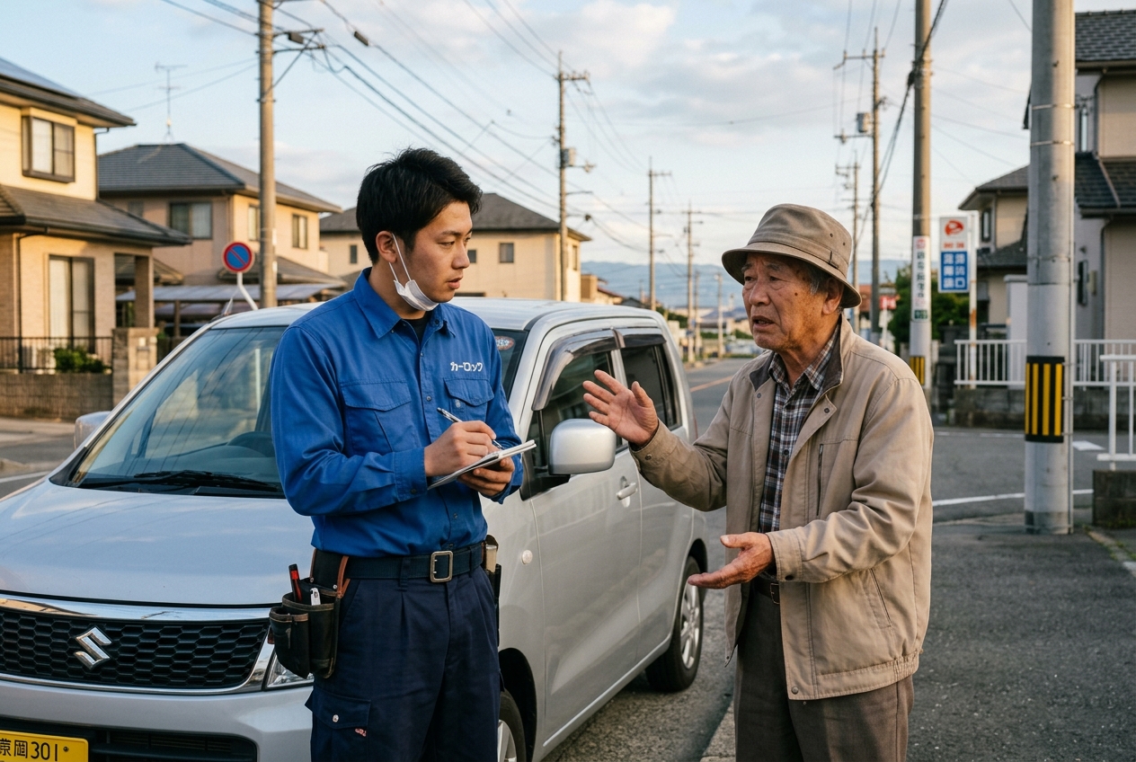 久留米市で鍵を失くしたお客様からカーロックの社員が状況を確認している写真 - 車専門鍵店カーロック 施工実績・鍵作成
