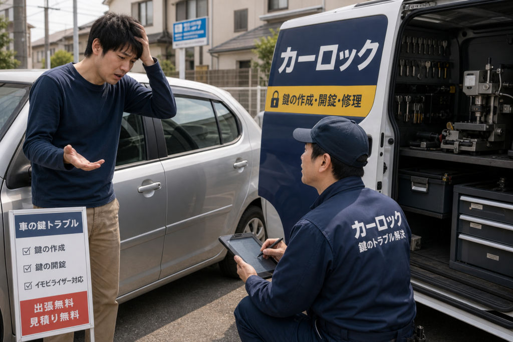 A worried man talks to a locksmith beside a silver car, while a technician in a navy uniform sits with a tablet near an open tool-filled van. - 車専門鍵店カーロック 施工実績・鍵作成